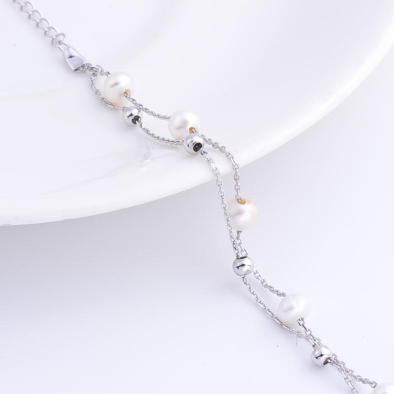 Pekurr Double Chain 925 Sterling Silver 4 .5mm Round Natural Freshwater Pearl Wrist Bracelet For Women 7 Beads Jewelry Bangles