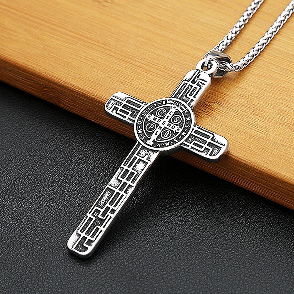 Vintage Catholic Jesus Cross Pendant Necklace Stainless Steel Fashion Saint Benedict Cross Necklace for Men Women Amulet Jewelry