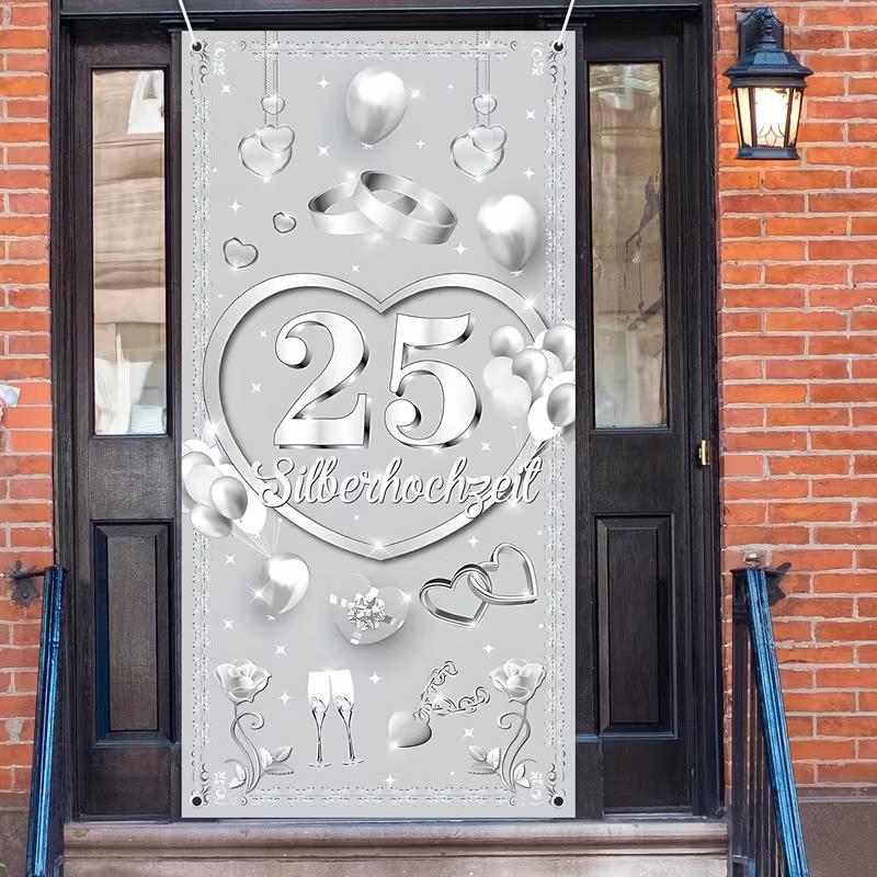 2D 25th Silver Wedding Backdrop, Hearts & Balloons Background