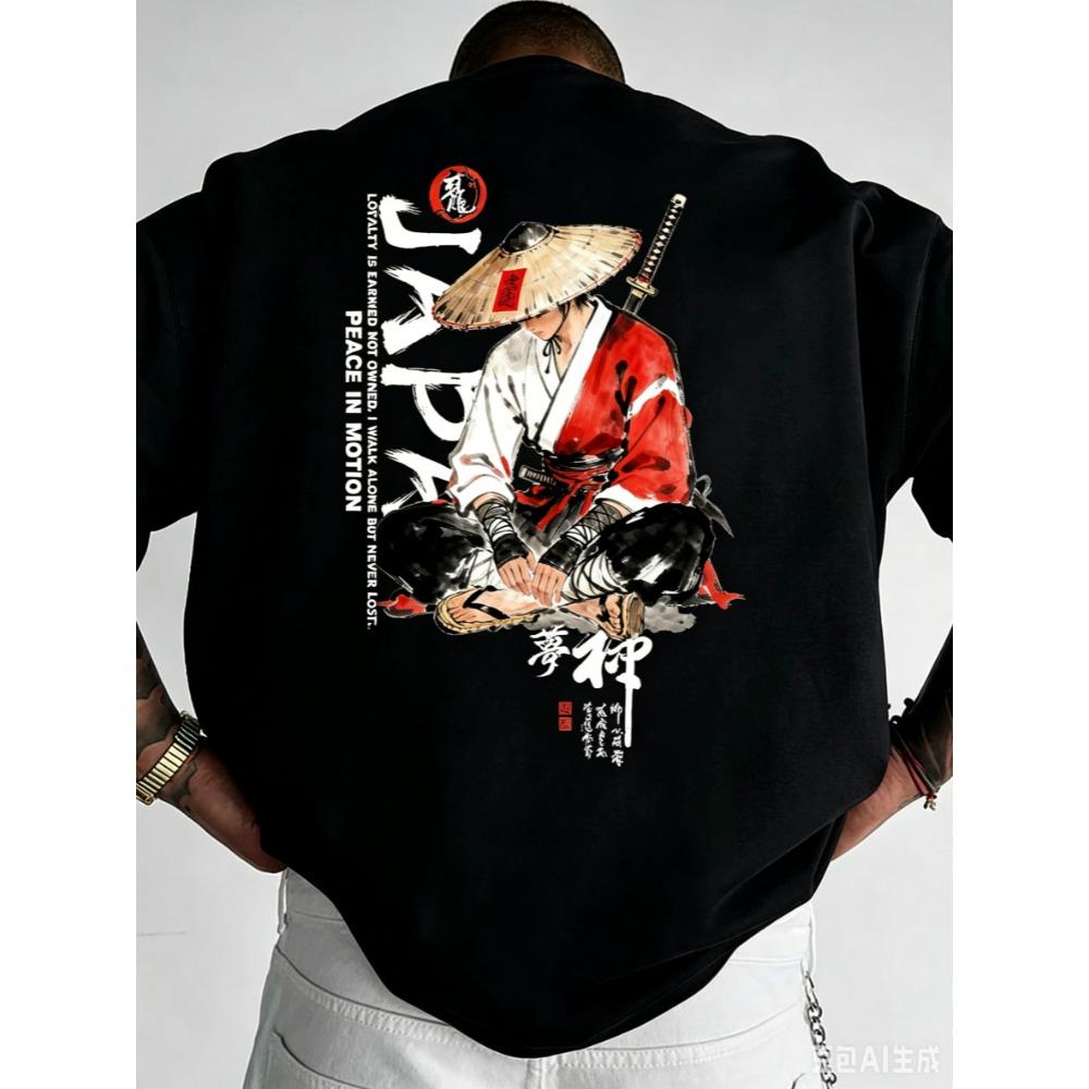 Men's Cotton Loose-fitting T-shirt with Japanese Samurai Print Street Style Casual Daily Wear Top
