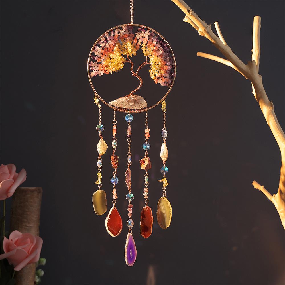 Hand-Woven Wind Chimes Life Tree Dream Crystal Wind Chime Crystal Stone Room Decoration Engraving Christmas