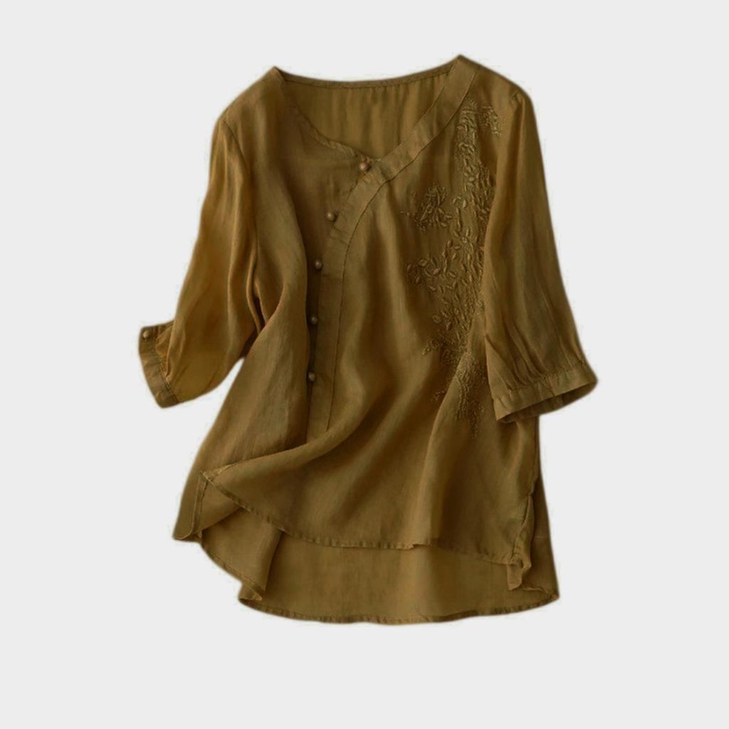 Женская однотонная хлопковая и льняная футболка с короткими рукавами и вышивкой в стиле ретро, дышащая, с круглым вырезом