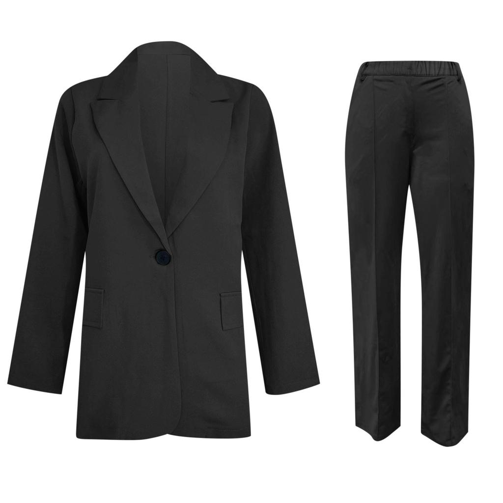 Women's Casual Long Sleeve Solid Color Lapel Cardigan Suit Jacket Pants Suit