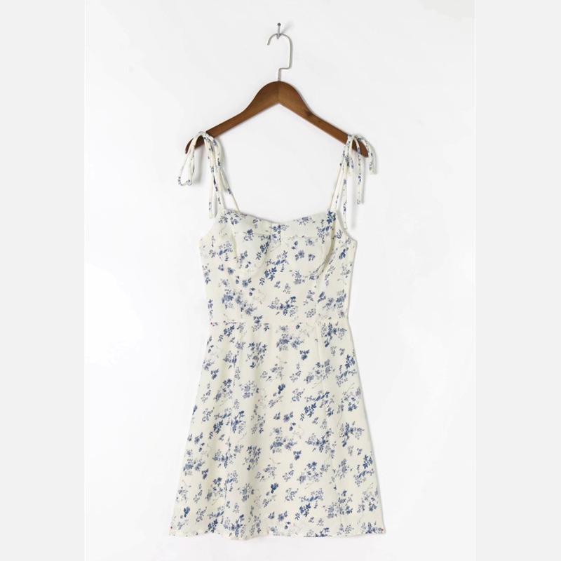 YPFF Summer French-Style Petite High Waist Floral Camisole Dress with Tie Shoulders