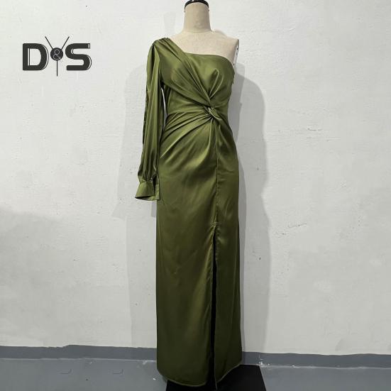 Женское вечернее платье на одно плечо с открытым рукавом, разрезом по низу, однотонное, с тонкой талией, плиссированное, с узлом, однотонное, коктейльное, вечернее платье макси