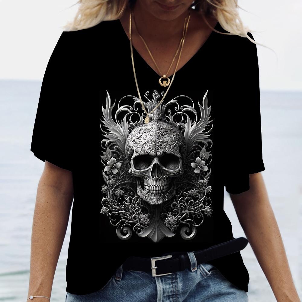3D Черепа Цветочный Принт Женские Футболки Модные Футболки С V-образным Вырезом Короткие Рукава Летняя Повседневная Женская Одежда Свободные Топы Уличная Одежда