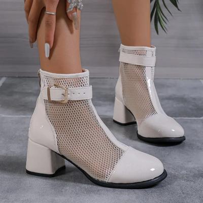 Модная обувь Женская 2024 Модные женские сапоги с закрытым носком Осенние дышащие сетчатые пряжки однотонные платья толстые каблуки женские сапоги на молнии