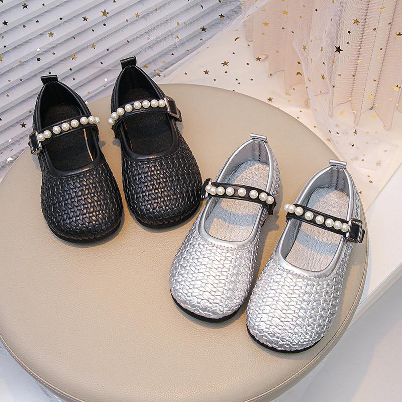 Балетки из плетеной кожи для девочек 2025 осень новинка корейская версия универсальные туфли Мэри Джейн с жемчугом с мелким вырезом