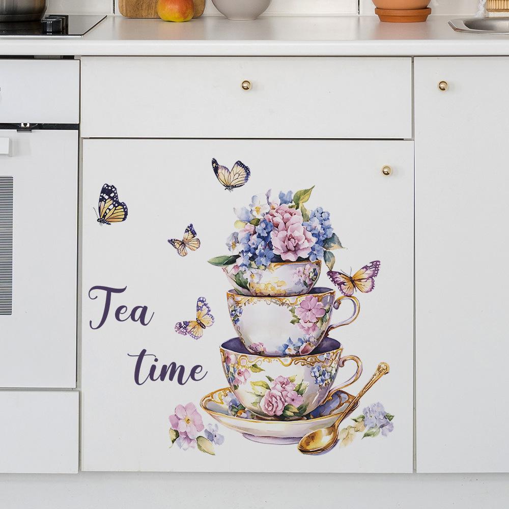Изысканные цветочные кофейные чашки Бабочка Кухня Столовая Дом Фон Украшение Наклейки на стену