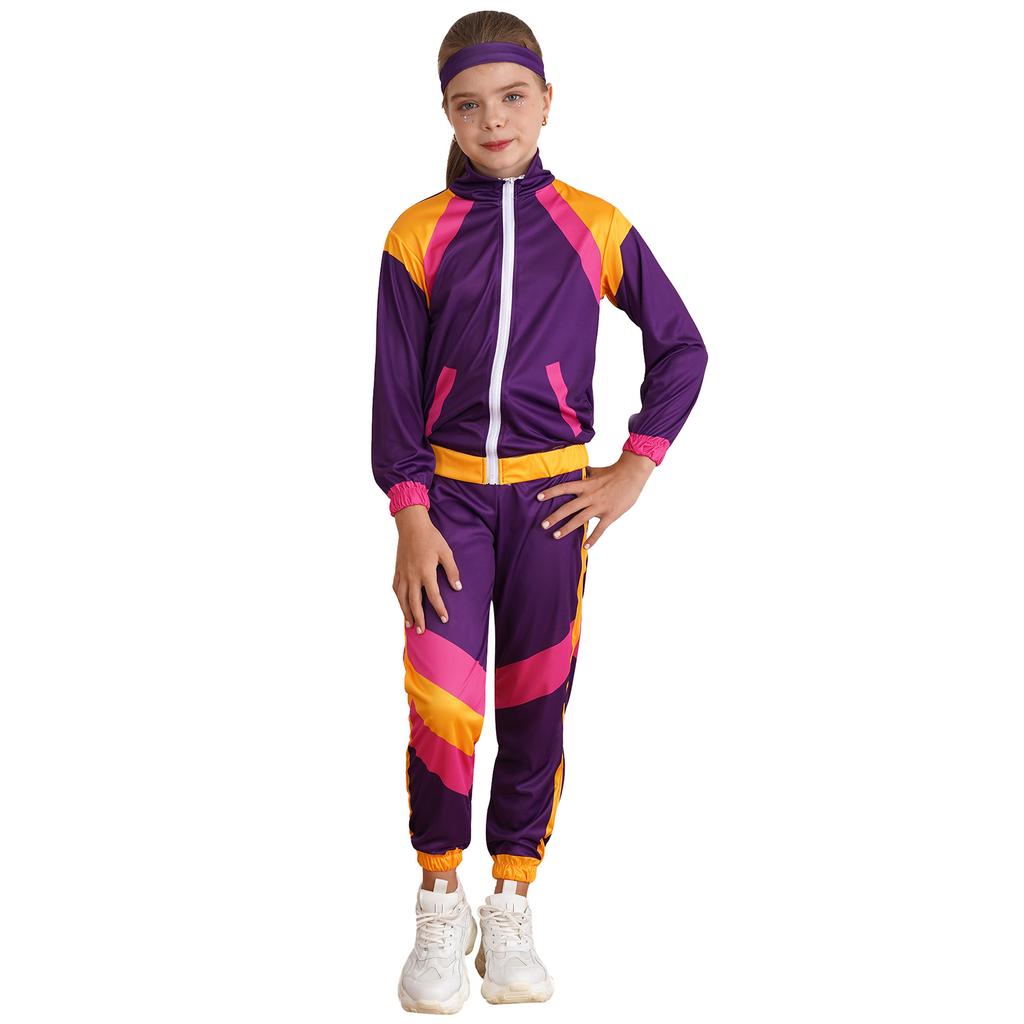 Kids 80s Retro Disco Costume Colorblock Top Pants Headband Set Hip Hop Dance