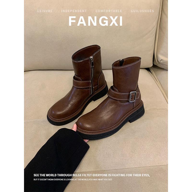 Cowhide Edition~ Skinny Boots Belt Buckle Western Knight Boots Boots Middle Heel Martin Boots Women's Platform Short Boots