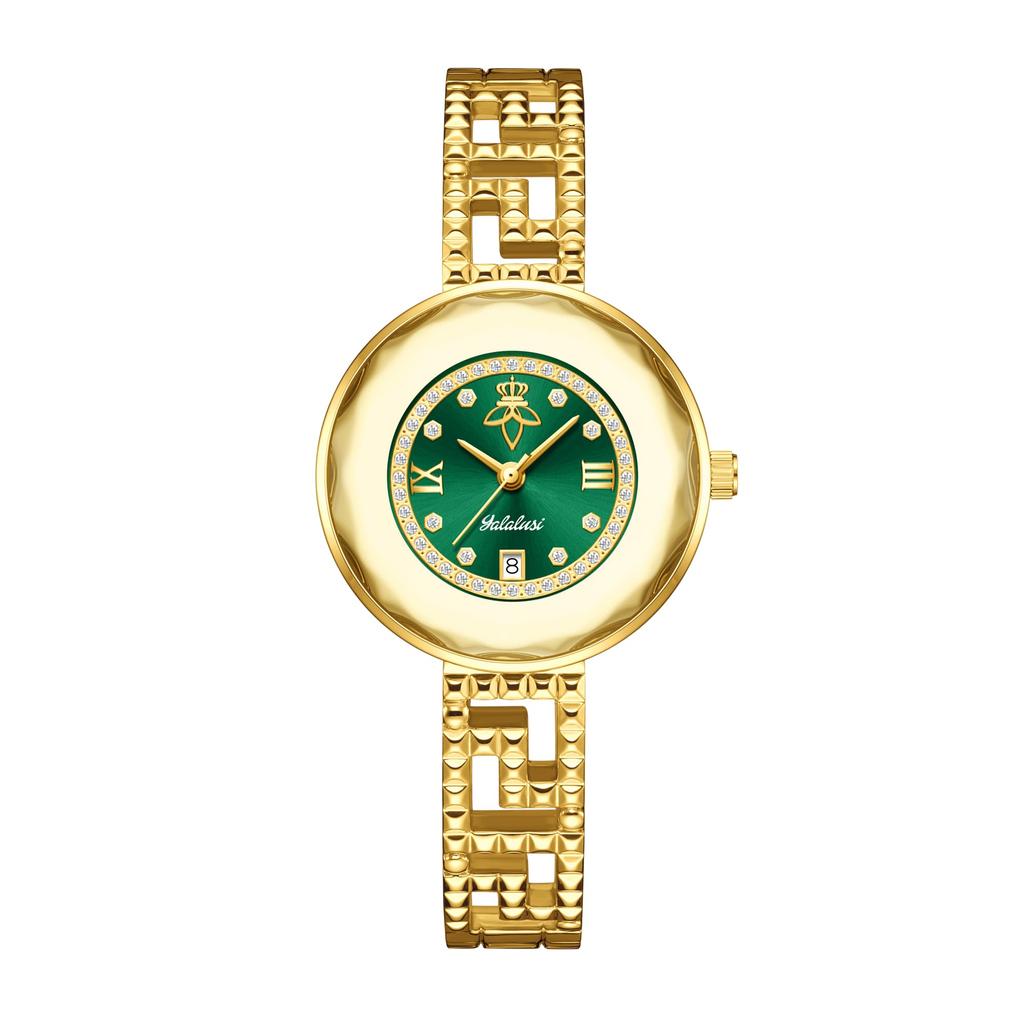 Yalalusi Luxury Emerald Green Ladies Wristwatch Geometric Gold Bracelet Crystal Dress Watch For Gift