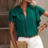 Women Casual Shirt V-neck Ruffle Short Sleeve Pullover Tops Solid Color Loose Fit Blouse