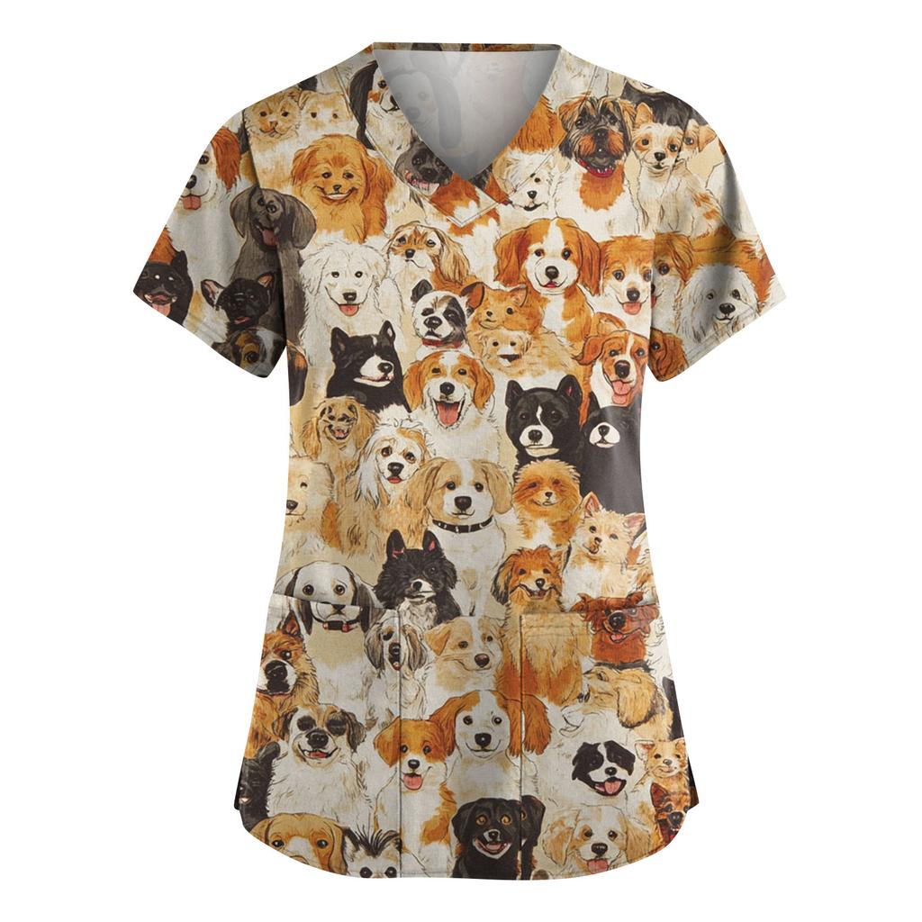 Women's Fashion Short Sleeve Cute Animal Printed V-Neck Pocket Workwear Tops