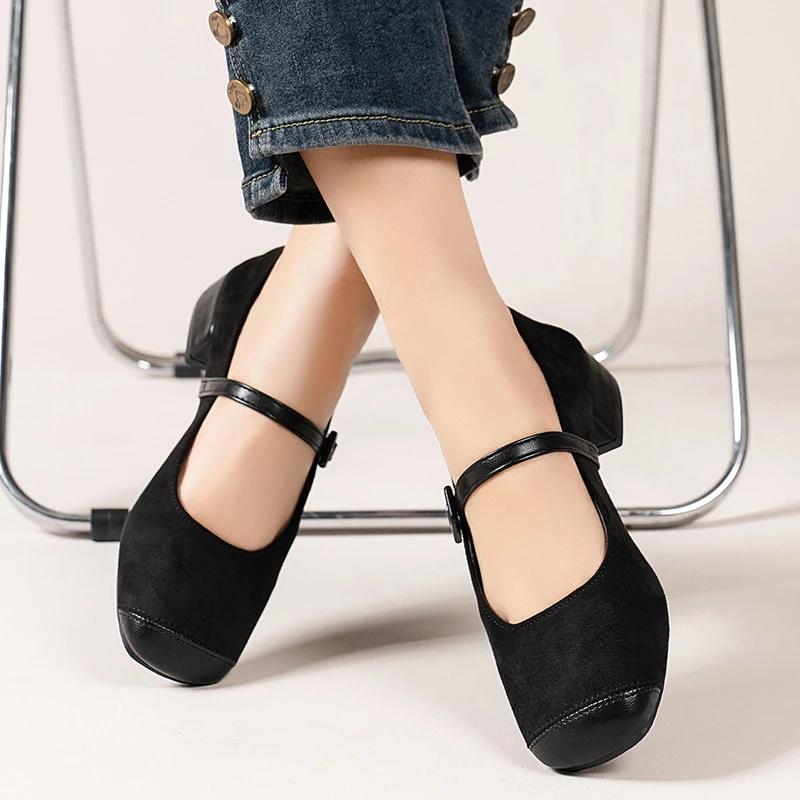 New fairy style square toe versatile Mary Jane shoes for women with thick heels and a single button with suede sole
