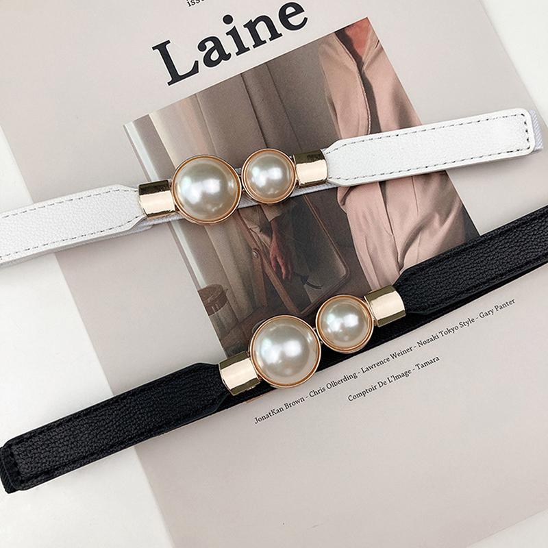 Women Double Pearl Belt Pu Leather Dress Skirt Waist Elastic Thin Belts