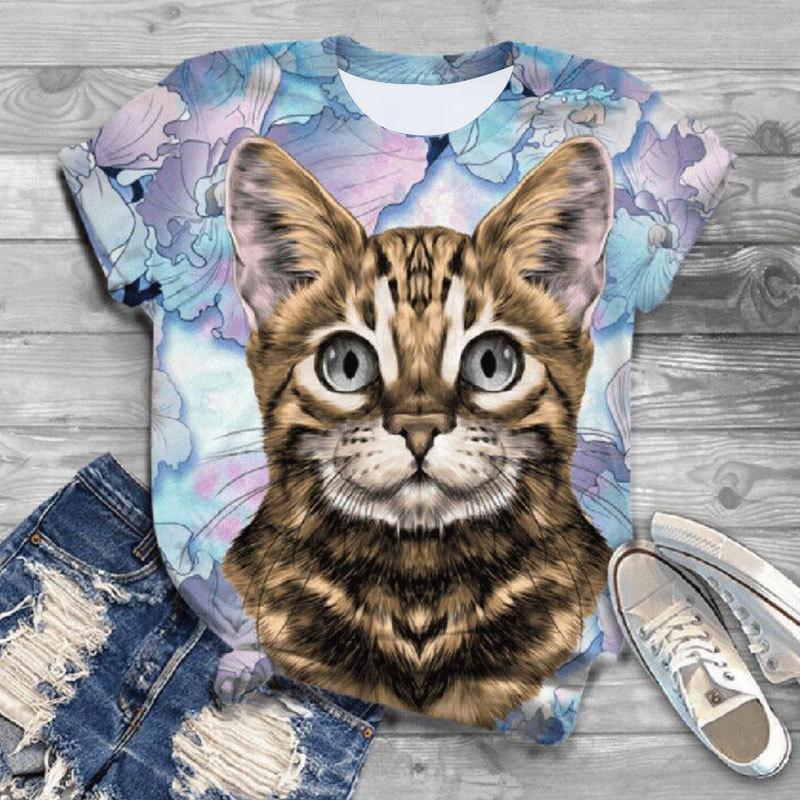 Summer Round Neck 3D Animal Cat Dog Print Top Fashionable Casual Short Sleeved Women's T-shirts