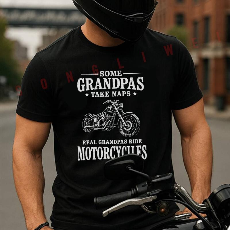 Funny Grandpa Classic Motorcycle Design Moto Summer Cotton T-shirt Short Sleeved Casual Basic T