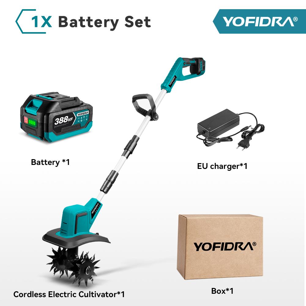 Yofidra Бесщеточный электрический садовый культиватор, газонокосилка, роторный культиватор для обработки почвы, садовый инструмент, подходящий для аккумуляторных штифтов Makita 18 В