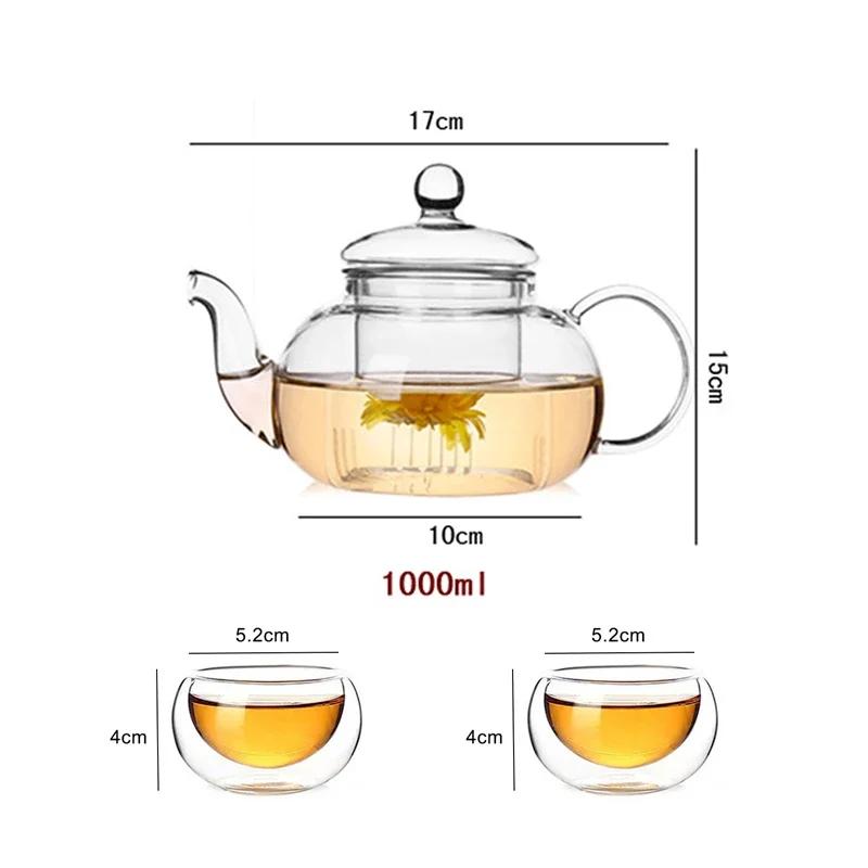 1000ml Heat Resistant Glass Tea Pot,Glass Teapot with Infuser Tea Leaf Herbal Coffee Pot Tea Set Practical Bottle Flower TeaCup