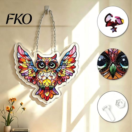 Colorful Home Decor Acrylic Owl Puzzle, Rainbow Reflection Hanging Pendant, No-Glue Window DIY Assembly Sun Collector, for Garden Patio Indoor Puzzle