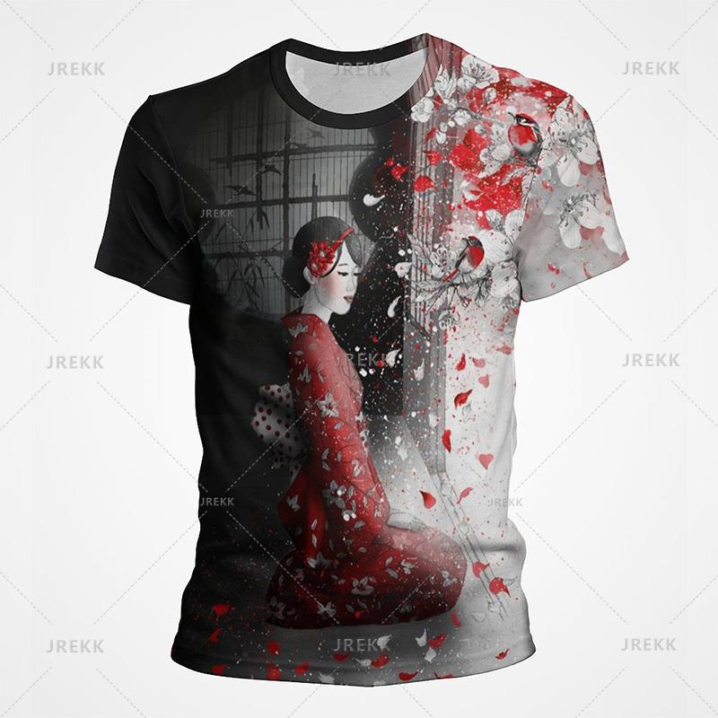 Винтажные японские футболки с рисунком тушью, старинные женские футболки с 3D-принтом для мужчин, повседневные уличные топы, новые летние детские дышащие вещи