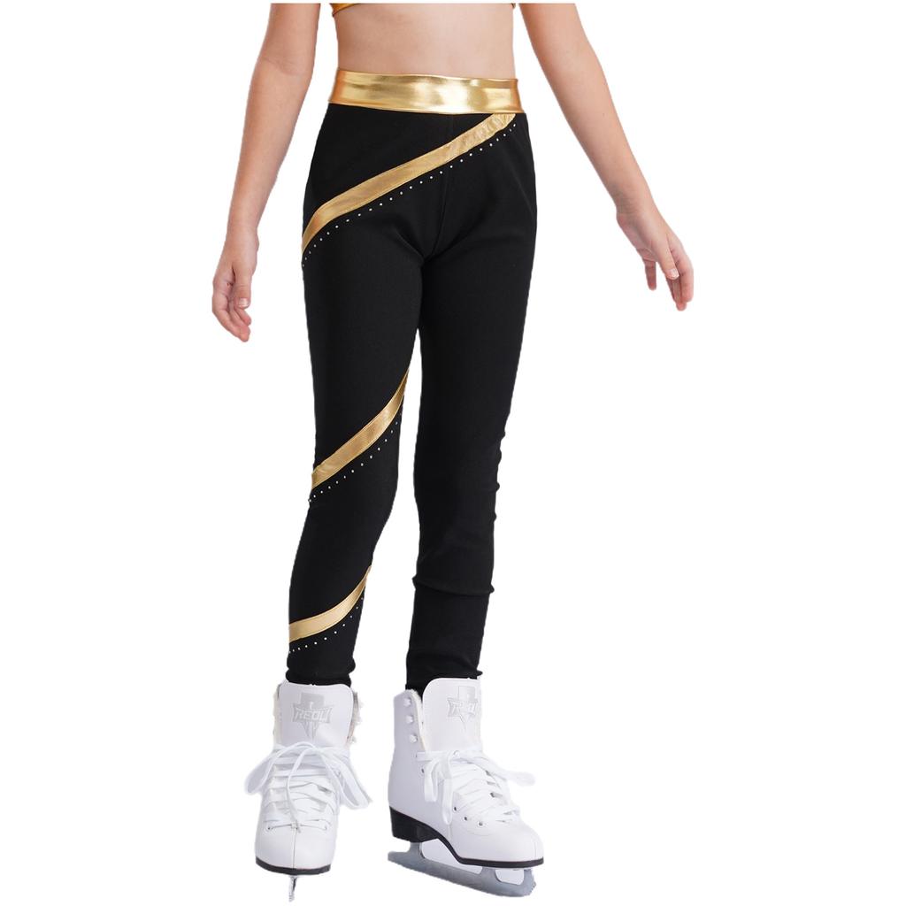 Girls Figure Skating Outfit Mock Neck Long Sleeve Sequin Shiny Crop Top Metallic Striped Pants Dance Costume