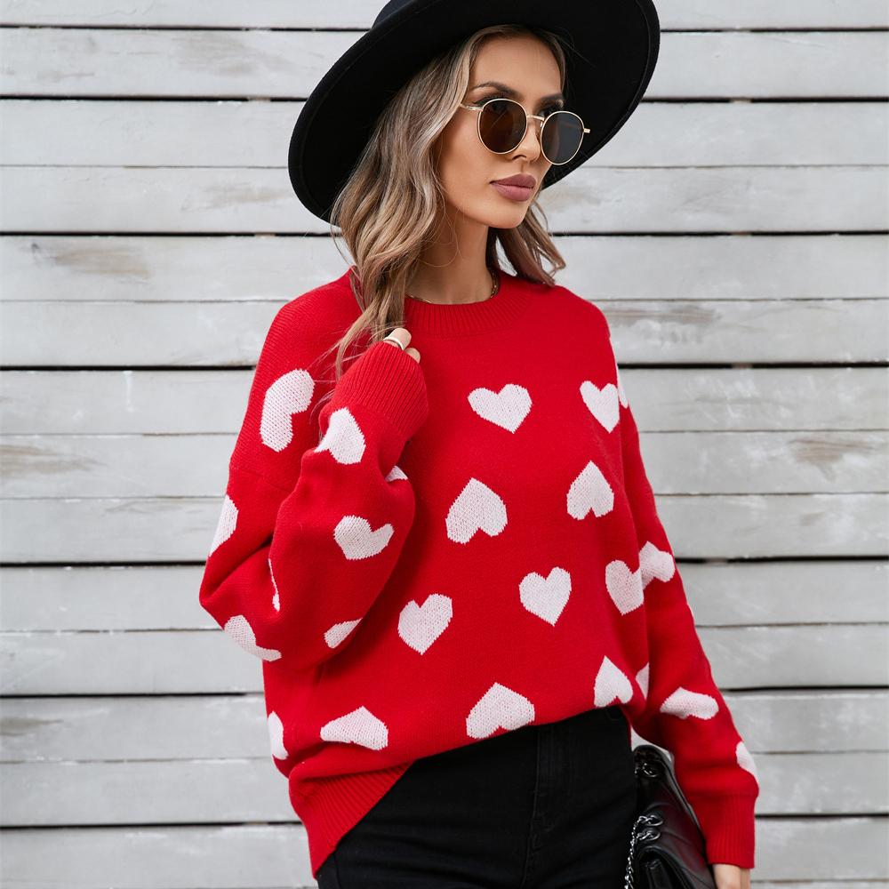 2025 Осень и Зима Любовный Свитер Милый Пуловер с Круглым Вырезом Большого Размера Свитер с Персиковым Сердцем