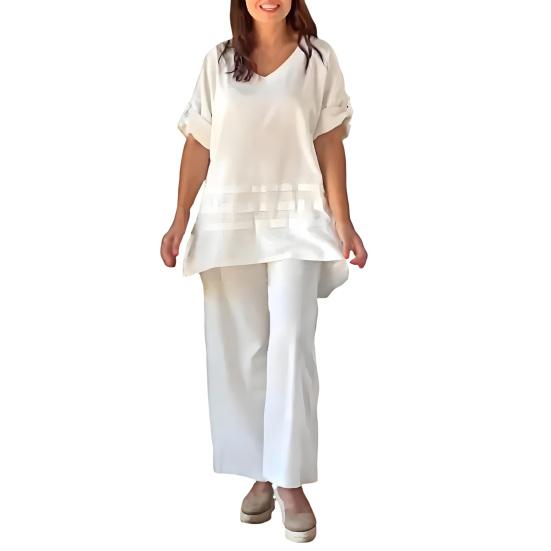 2 шт./комплект женский повседневный наряд с круглым вырезом и рукавом 3/4 средней длины топы с эластичной талией широкие длинные брюки комплект однотонная домашняя одежда