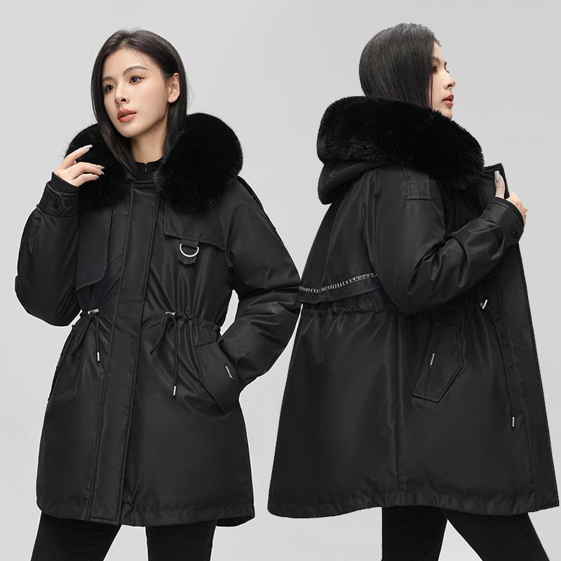 Autumn Winter Thicken Warm Detachable Parka Women Casual Fur Collar Solid Color Big Pocket Loose Hooded Coat Jackets Three-way Wear Outwear