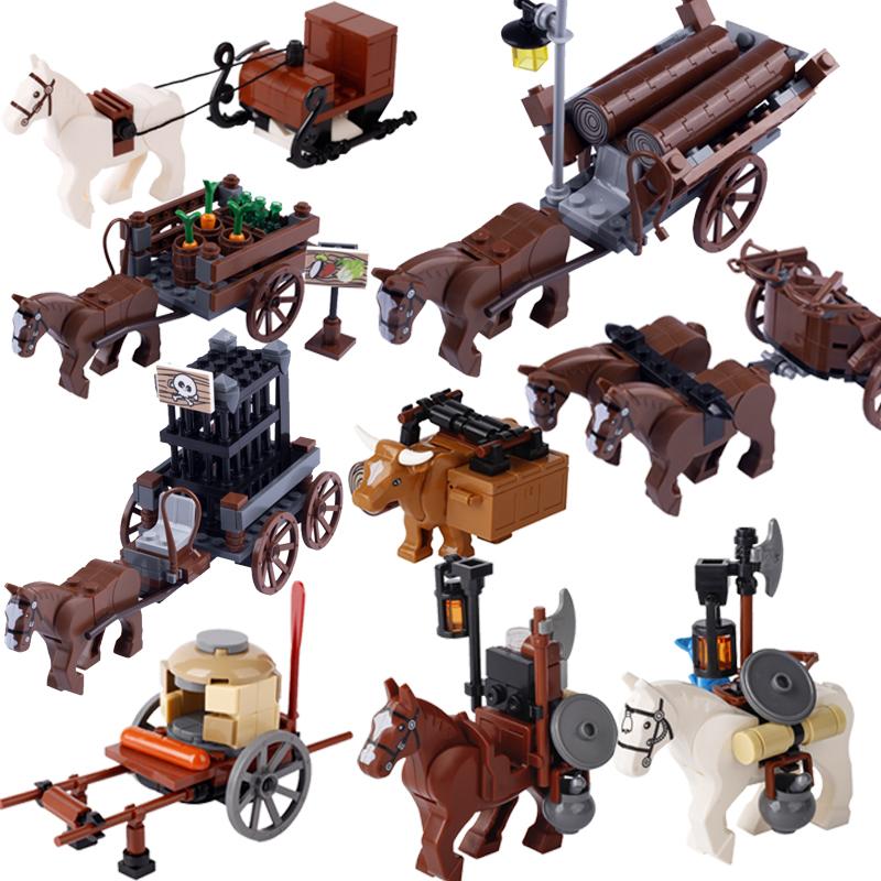 Средневековый MOC Замок Солдат Фигурки Строительные Блоки Гора Белый Лев Броня Боевой Конь Повозка Транспорт Бык Дракон Игрушки Подарок K149