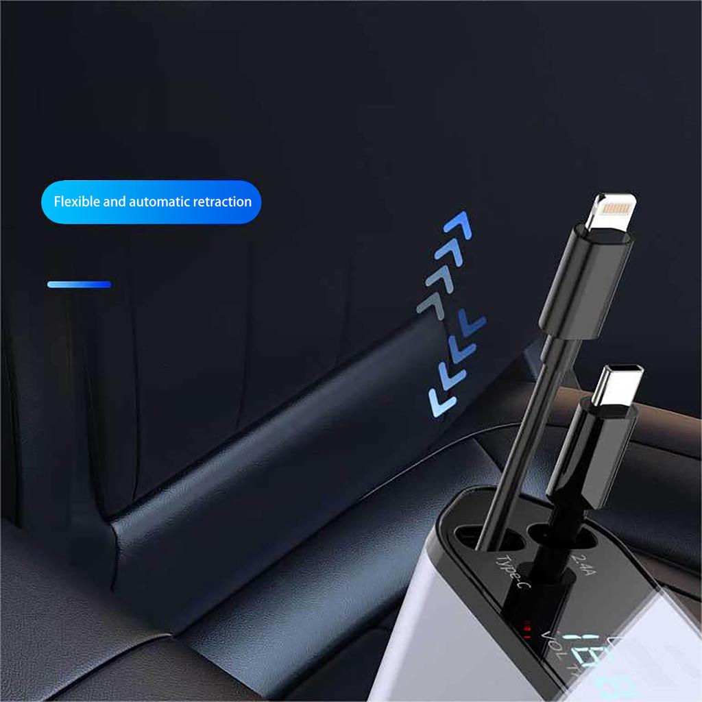 Выдвижное автомобильное зарядное устройство, 4 в 1 быстрое автомобильное зарядное устройство для телефона 120 Вт, 2 выдвижных кабеля и автомобильное зарядное устройство USB, совместимо с iOS, Galaxy