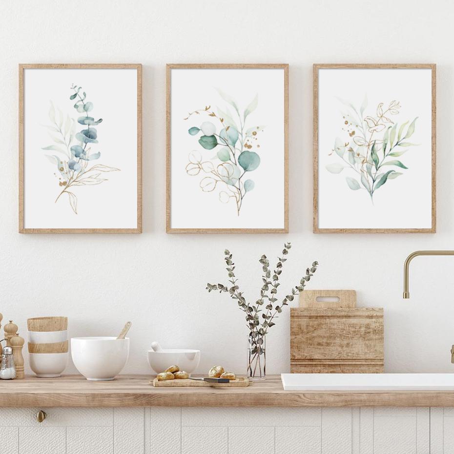 Бохо Зеленые Золотые Листья Цветочные Плакаты Акварель Картина на Холсте Настенные Художественные Принты Минималистская Картина Гостиная Украшение Дома