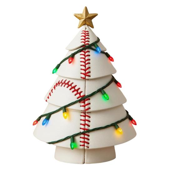 Вдохновленная спортивным мячом рождественская фигурка елки, изготовленная вручную из искусственной кожи, настольное украшение в форме дерева с золотой звездой на верхушке для праздничного домашнего декора