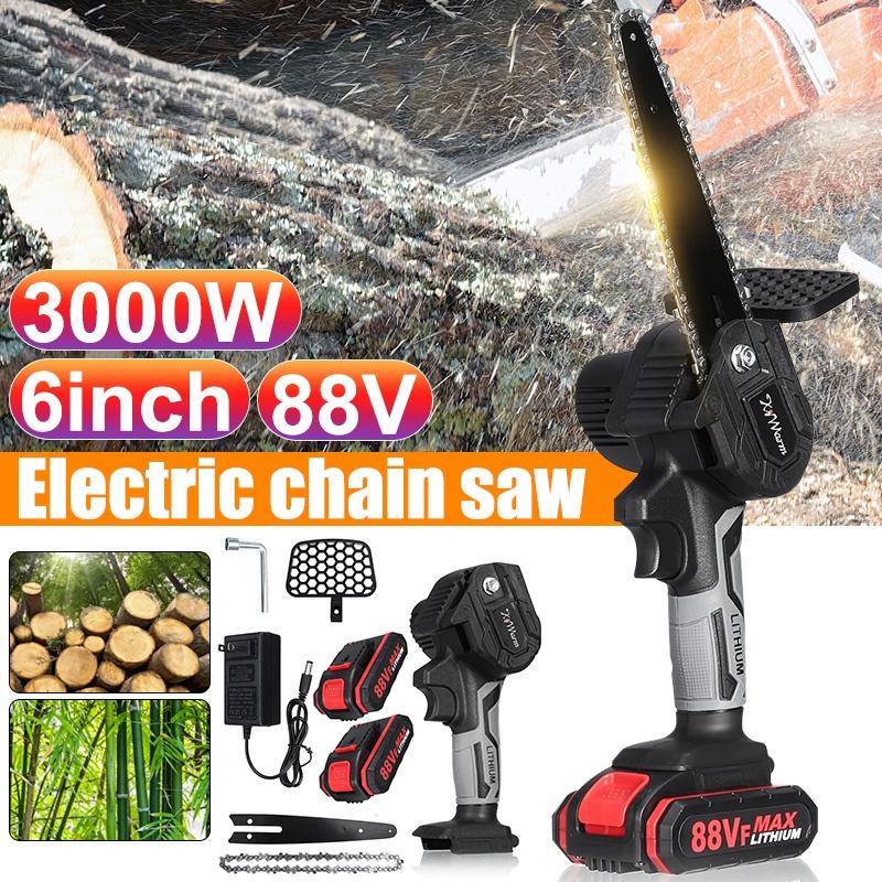 Mini 3000W 6 Inch 88V Electric Chain Saw With 2Pcs Battery Rechargeable Woodworking Pruning Saw One-handed Garden Power Tool