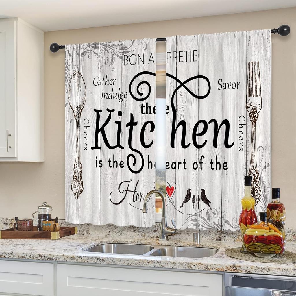 Retro Creative Print Curtain Kitchen Dining Room Living Decoration Curtains Set Of 2 Made Polyester With Rod Pocket Decor