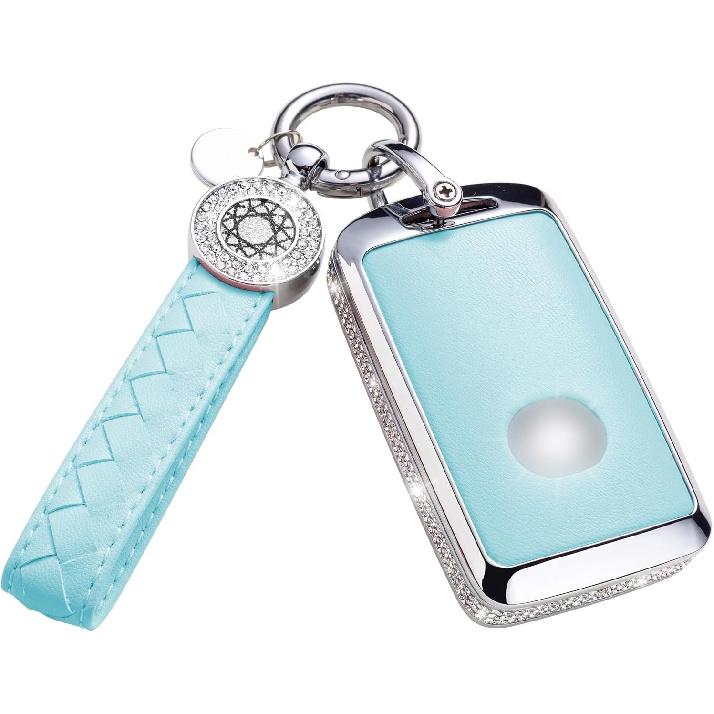 for Volvo Key Fob Cover with Keychain, Blue Leather Rhinestone Key Case Protection Shell Compatible with XC90, XC60, XC40, S60, S90, V60, V90,