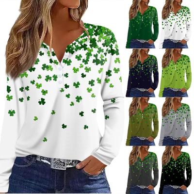 Женская модная повседневная футболка с v-образным вырезом и длинным рукавом с принтом, топ на пуговицах