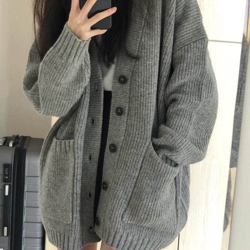 Женские свободные вязаные свитера осень-зима с V-образным вырезом, ленивый стиль, длинный рукав, карман, свитер, пальто, однотонный, повседневный, модный, новый кардиган на пуговицах