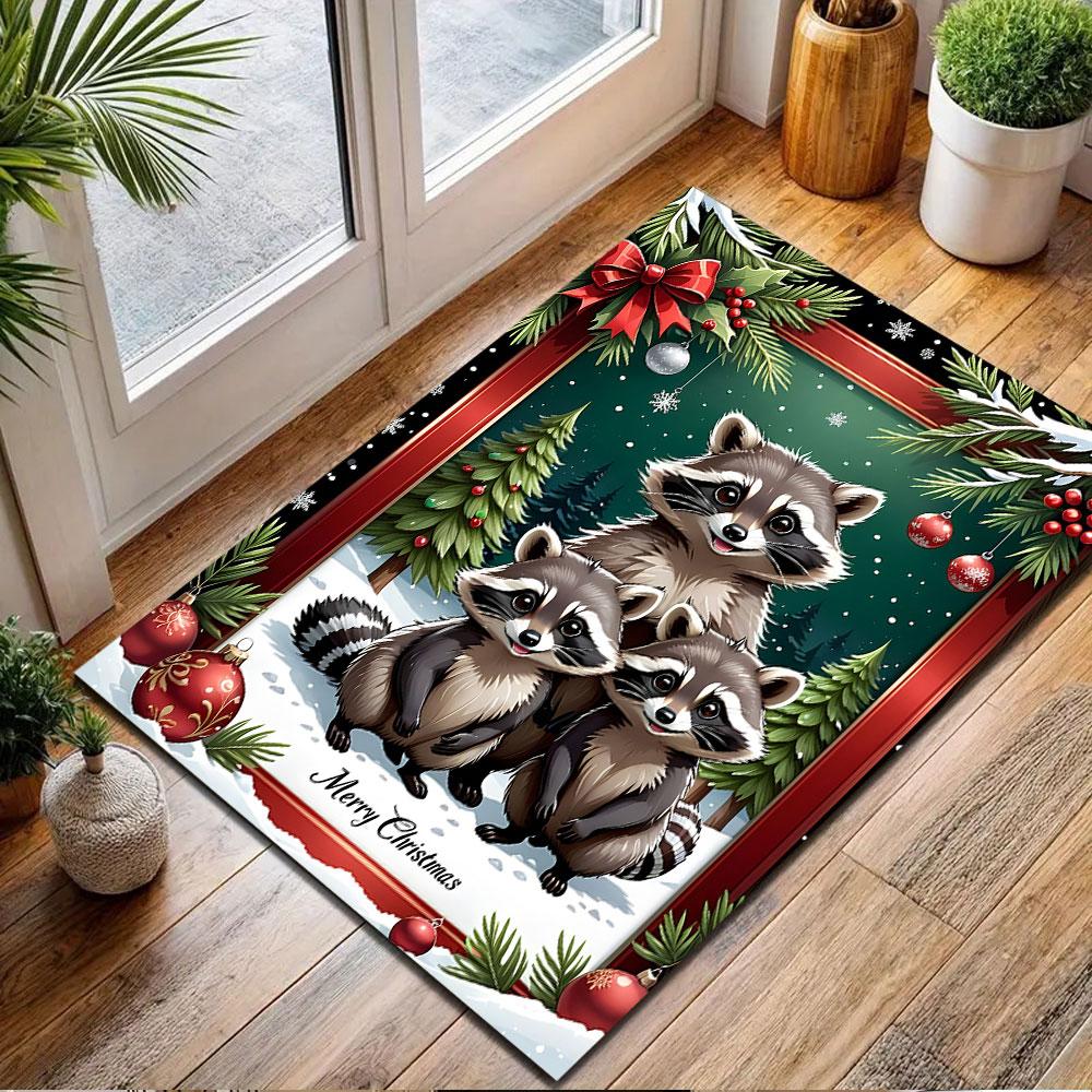 Christmas Raccoon Family Scene Patterned carpet, non slip mat suitable for living room and bedroom sofas