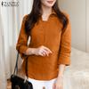 Women Turn Down Collar Solid Color Casual 3/4 Sleeve Blouse