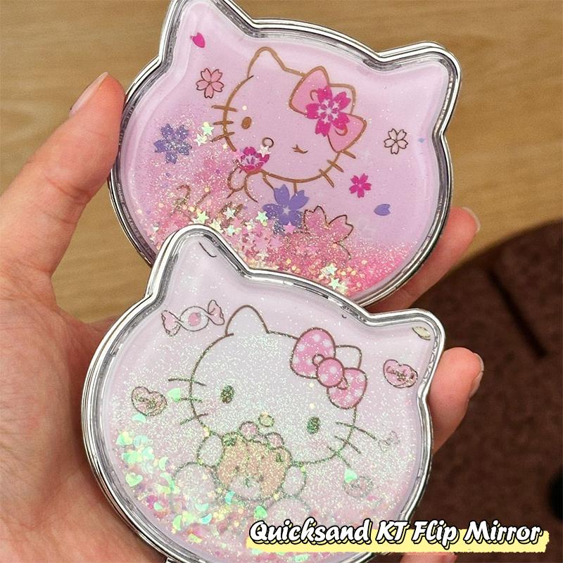 Кавайное Зеркало для Макияжа Hello Kitty Двустороннее Портативное С Блестками и Песком Мультяшная Девочка Подарок Карманное Двустороннее Зеркало для Макияжа