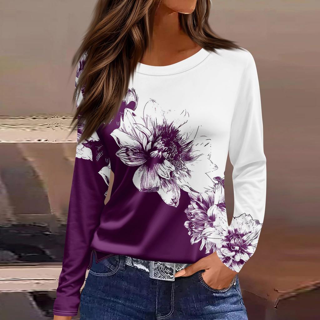 Women's Fashion Casual Slit Hem Round Neck Long Sleeve Loose  Printed T-Shirt Ladies Top