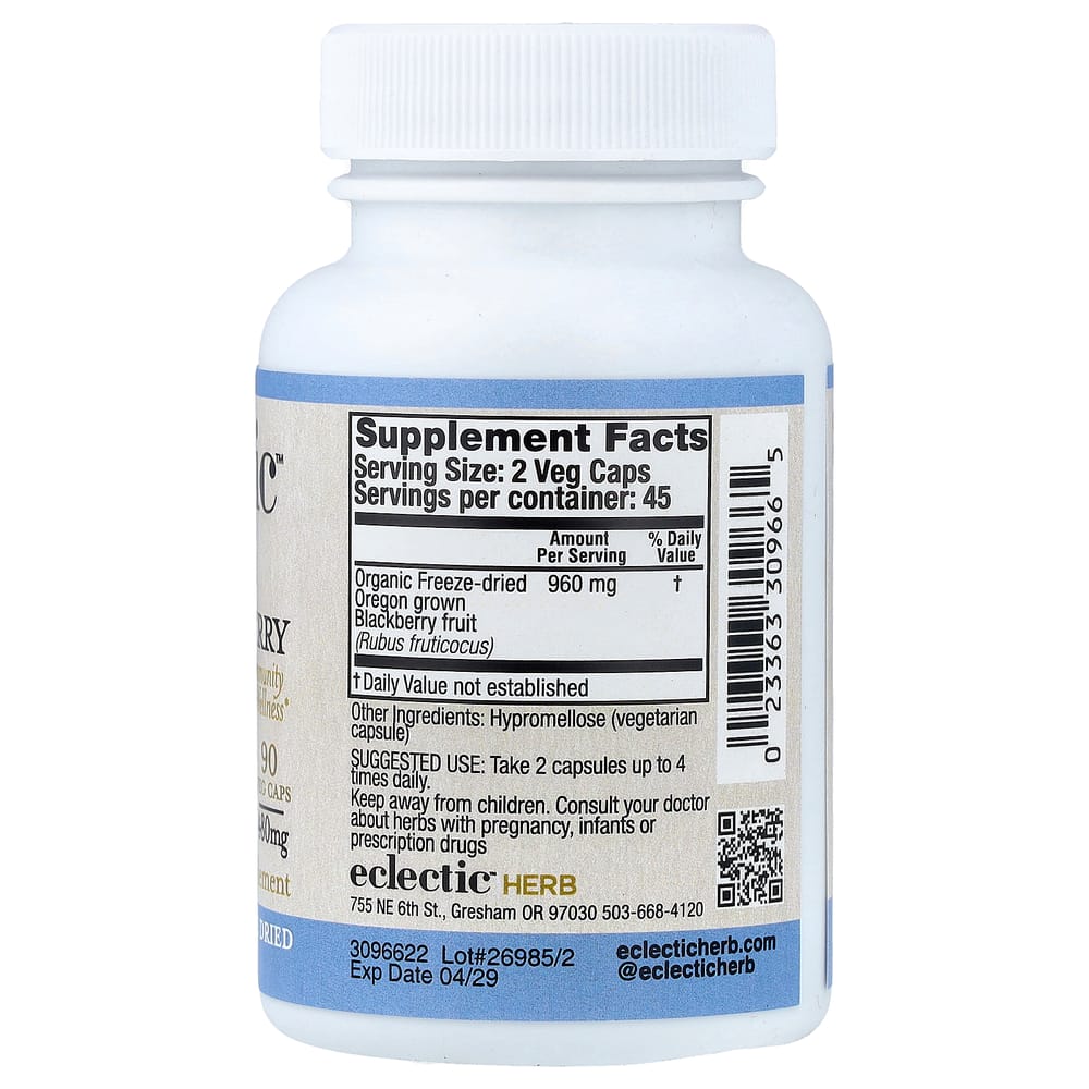 Eclectic Institute Raw Fresh Freeze-Dried Blackberry Fruit 480mg Veggie Capsules, 90 Count