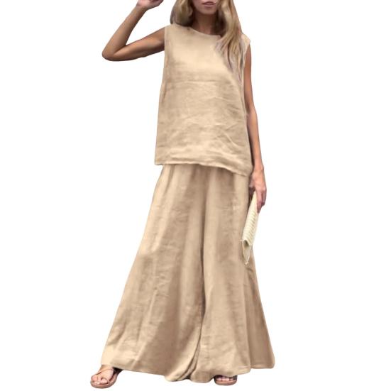 Женский летний комплект из 2 предметов: майка без рукавов, широкие брюки, повседневный комплект из льна и хлопка для отдыха на пляже