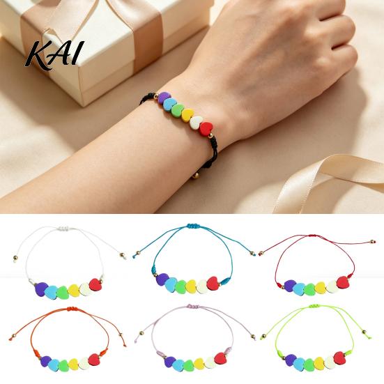 Lightweight Soft Clay Accessory Colorful Hearts Bracelet, Handmade Braided Cord String Adjustable Boho Style Woven Bracelet Heart Shaped Beads Jewelry
