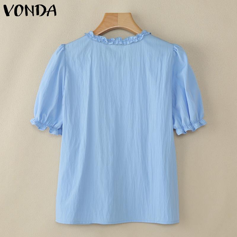 VONDA Women V Neck Puff Sleeve Buttons Up Ruffled Solid Casual Blouse