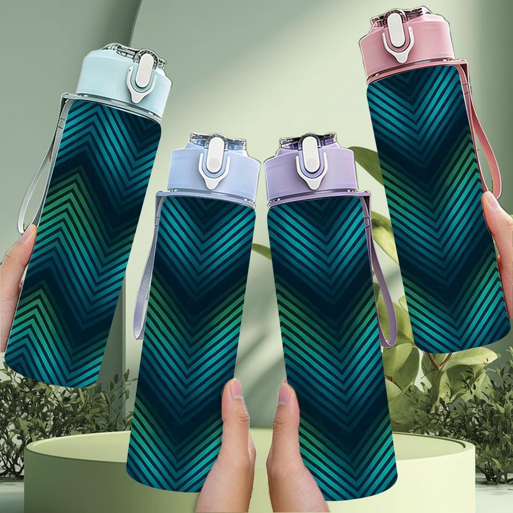 1PC Teal Green Chevron Geometric Print 750ml Color Plastic Sports Water Bottle Leakproof Flip Straw Lid Suitable for Sports Office Home Use