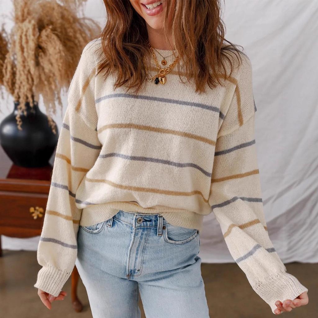 Женский повседневный пуловер в цветную полоску с длинным рукавом и свободным кроем