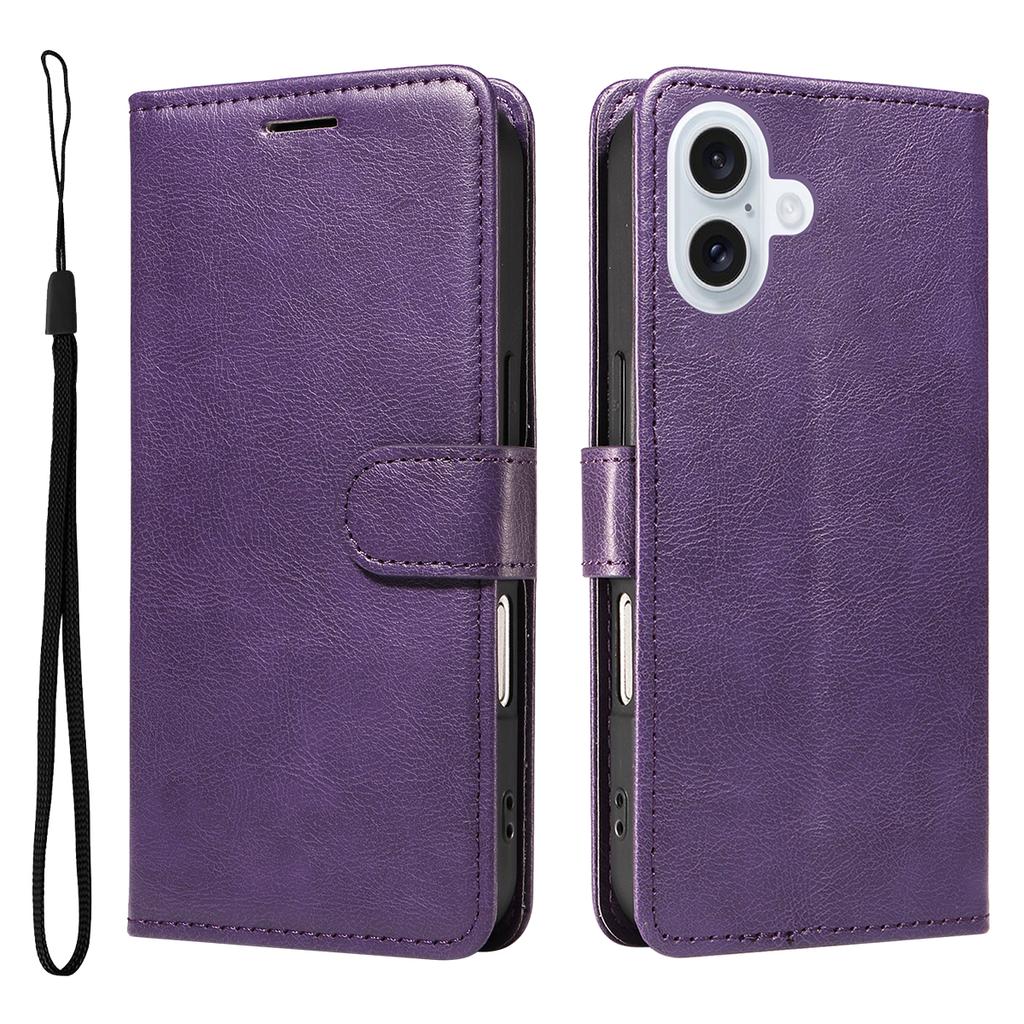 For iPhone 17 Leather Wallet Case with Strap Solid Color Phone Stand Cover